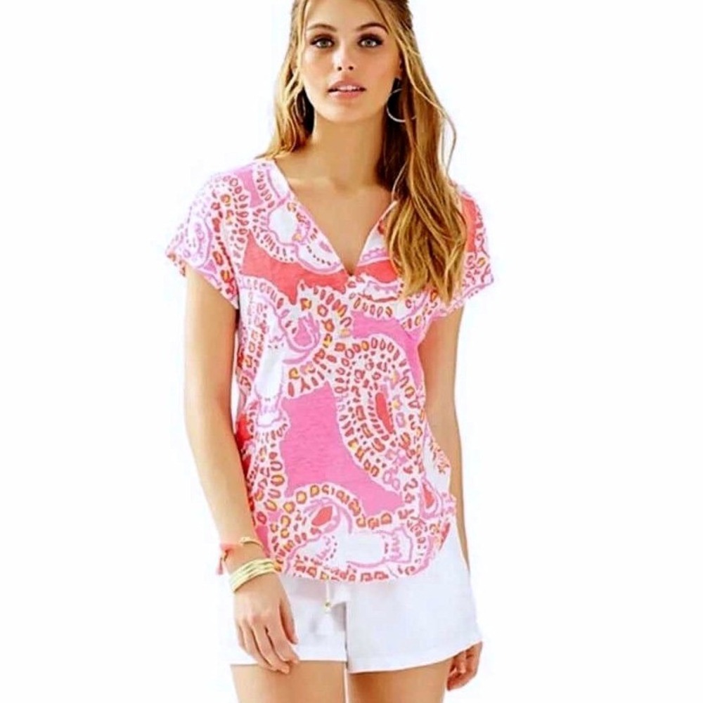 Lilly Pulitzer Duval Top Women Small Pink Linen V-Neck Preppy Coastal Resortwear